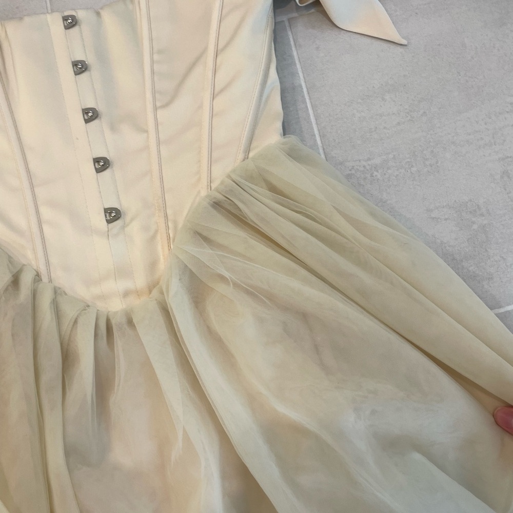 Reine Off Shoulder Tulle Skirt Mini Dress in Ivory - Picture 3 of 4